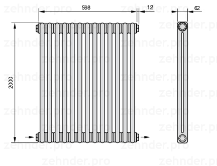 Схема (чертеж) Радиатор Zehnder Charleston 2200/13 №2670 Белый глянцевый RAL 9016